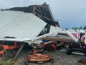 A severe storm collapsed a barn near Salem rd.  and Eighth Concession in Claremont.