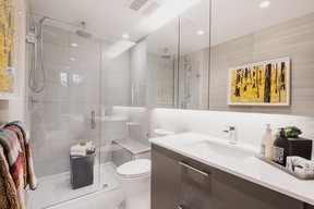 The ensuite bathrooms maximize storage with cleverly concealed cabinets.
