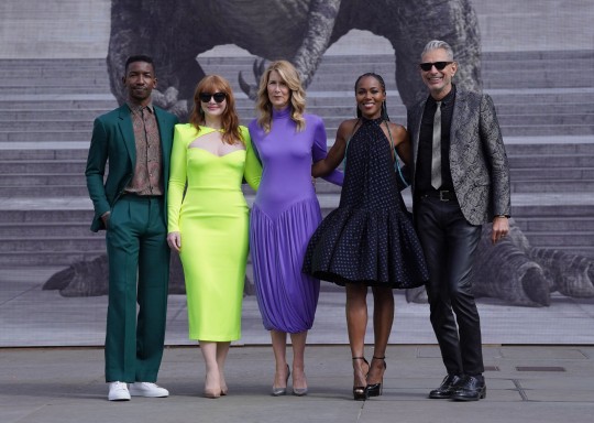 Mamoudou Athie, Bryce Dallas Howard, Laura Dern, Dewanda Wise and Jeff Goldblum attend a photocall for Jurassic World Dominion in Trafalgar Square, London.  Photo date: Friday May 27, 2022. PA Photo.  Photo credit should read: Ian West/PA Wire