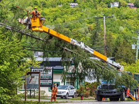 Hydro workers were tending to tree branches on power lines in the Morin-Heights area on Tuesday May 24, 2022.