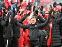 Canada Soccer has scrapped plans for an international match against Iran that was to be hosted in Vancouver.  Canada head coach John Herdman, pictured in this file photo, leads his players in the Viking Clap as they celebrate a win over Jamaica in a FIFA World Cup qualifying soccer match at BMO Field.