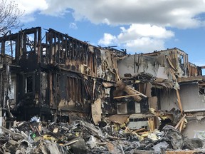 A fire destroyed the Twin Peaks condominium building at the corner of 108th St. and Bryans Ave. in Saskatoon on Saturday, May 28, 2022. Photo by Zak Vescera/Saskatoon StarPhoenix