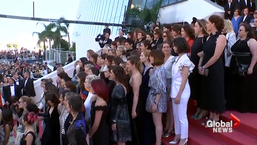 Click to play video: Women protest on the red carpet at the Cannes Film Festival.
