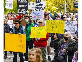 Representatives from more than 20 neighborhood associations and community groups in Vancouver were at City Hall protesting The Broadway Plan, which proposes an enormous increase in density in a 500-block area of ​​the city.