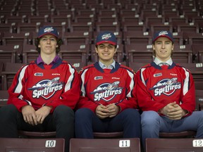 Windsor Spitfire top three draft picks, from left, AJ Spellacy, Anthony Cristoforo, and Liam Greentree, are pictured at the WFCU Centre, were in town Saturday to take in the team's playoff game.