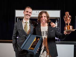 James Grant, left, Diageo World Class Canada and Global Bartender of the Year 2021 winner congratulates Massimo Zitti as he wins the title of Diageo World Class Bartender of the Year 2022 last night in Montreal.