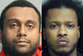 Yonathan Yogi Wolde, 30, left, Kalid Mohamed, 28, right, along with Abilaziz Mohamed, 32, have been arrested and charged in connection with a human trafficking investigation.  TORONTO POLICE