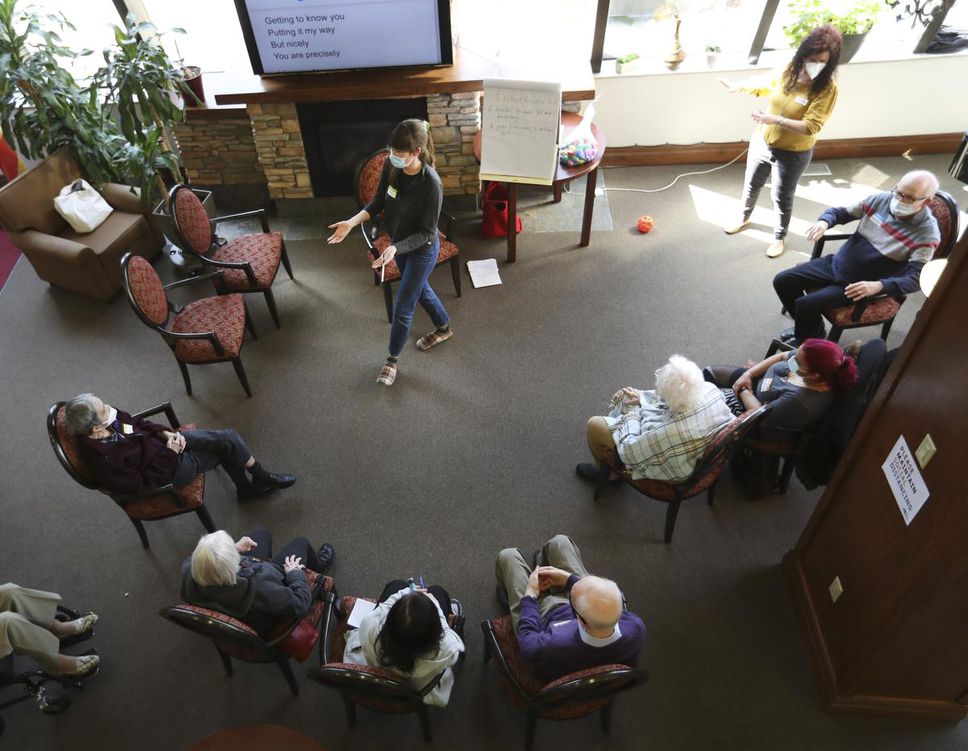 Musician Robin Dann works on writing a song with the group taking part in the Bitove Method at the Canadian Macedonian Place seniors centre.  The Bitove Method is an arts/dance/music program for people living with cognitive decline and their families.  April 14 was the first day back in person since the pandemic at the seniors center in East York.