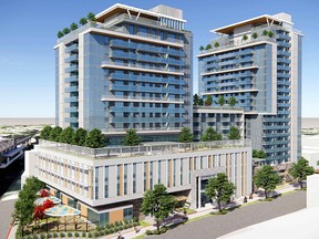 This artist's rendering shows the Burnaby building being developed by the BC General Employees Union.  The multi-use building will include 292 rental units, at least half of which will be offered at below-market rents.  Proponents of the project hope it will set an example for the kind of affordable housing that is possible when the developer is a non-profit group.