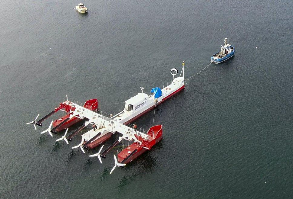 Sustainable Marine's PLAT-I 6.40 floating tidal turbine platform is pictured in this undated handout photo.  With six turbines and a maximum output of 420 kW, the platform can be linked with other platforms to turn the Bay of Fundy's huge tides into electricity.  Photo courtesy of Sustainable Marine.  /Toronto Star