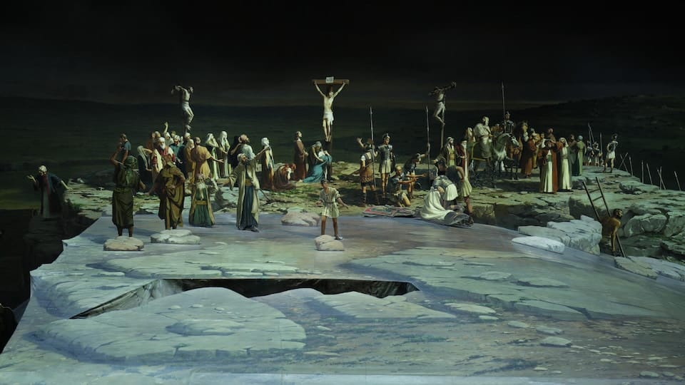 Section of a panoramic canvas depicting the crucifixion of Jesus Christ.