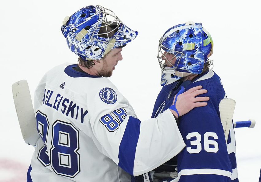 Goalies Andrei Vasilevskiy and Jack Campbell have a word after the Lightning's Game 7 win over the Leafs on Saturday night.