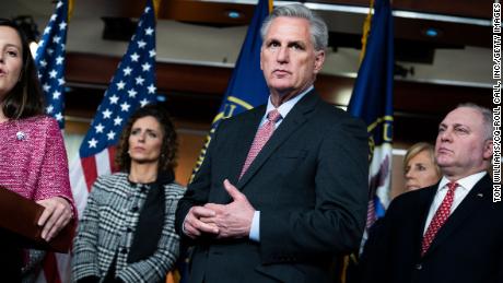 House Minority Leader Kevin McCarthy, center, House Minority Whip Steve Scalise, R-La., and House Republican Conference Chairwoman Elise Stefanik, RN.Y., at the Capitol Visitor Center on Jan. 20, 2022.