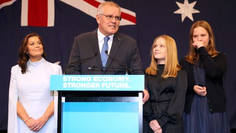 Scott Morrison, flanked by his wife and daughters as he concedes the defeat of Labor leader Anthony Albanese.