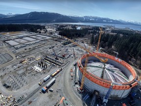 The LNG Canada construction site, showing construction of an LNG storage tank in the foreground, as of April, 2021.