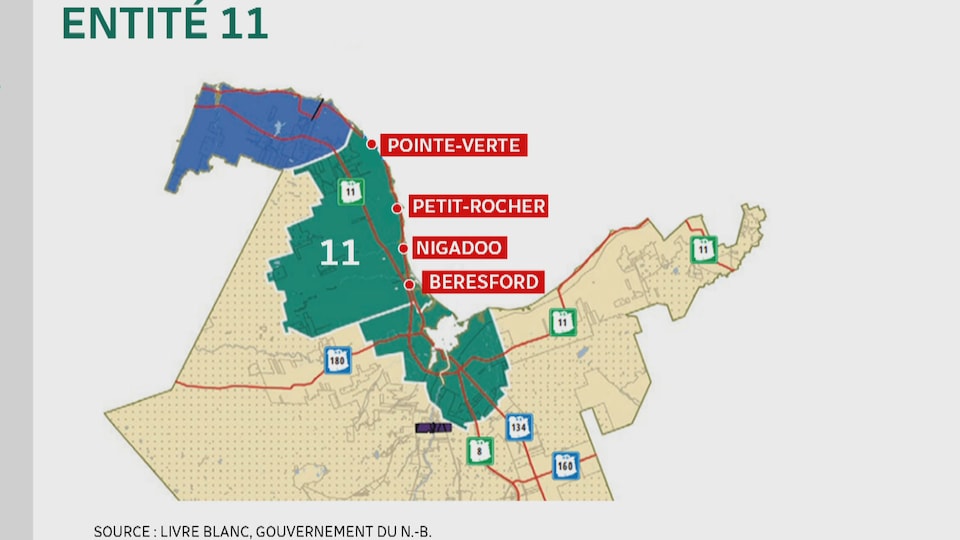 A map of the Chaleur region, New Brunswick, where it says “Entité 11”.  We see Pointe-Verte, Petit-Rocher, Nigadoo and Beresford grouped together. 