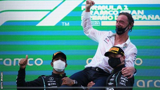 Race winner Lewis Hamilton of Great Britain and Mercedes GP and third placed Valtteri Bottas of Finland and Mercedes GP celebrate with Ineos CEO Sir Jim Ratcliffe on the podium during the F1 Grand Prix of Spain at Circuit de Barcelona-Catalunya