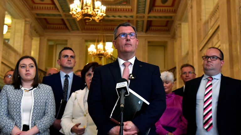 Democratic Unionist Party (DUP) leader Sir Jeffrey Donaldson speaks during a news conference at Stormont Parliament Buildings following a meeting with the Secretary of State for Northern Ireland to form a power-sharing government, in Belfast , Northern Ireland, on May 9, 2022. REUTERS/Clodagh Kilcoyne