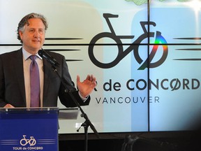 Mayor Kennedy Stewart announces the Tour de Concord pro race and family bike festival planned for Vancouver's north False Creek.  The event is on Thursday, June 30.