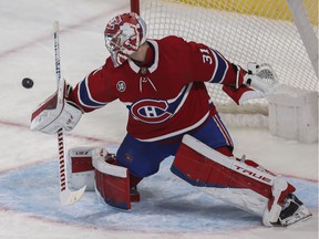 Montreal Canadiens' Carey Price makes a blocker save against the Florida Panthers during the first period at the Bell Center in Montreal on April 29, 2022.