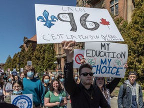 John Abbott College student union, college administration and the teachers' union (JACFA) members protested against Bill 96 at the college in Ste-Anne-de-Bellevue on Thursday, May 5, 2022.