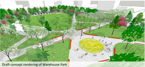 A draft design concept for Warehouse Park in downtown Edmonton.  City of Edmonton, screenshot.