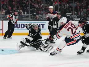 Edmonton Oilers center Leon Draisaitl (29) shoots the puck past LA Kings goaltender Jonathan Quick (32) for a goal in the first period of game three of the first round of the 2022 Stanley Cup Playoffs at Crypto.com Arena.
