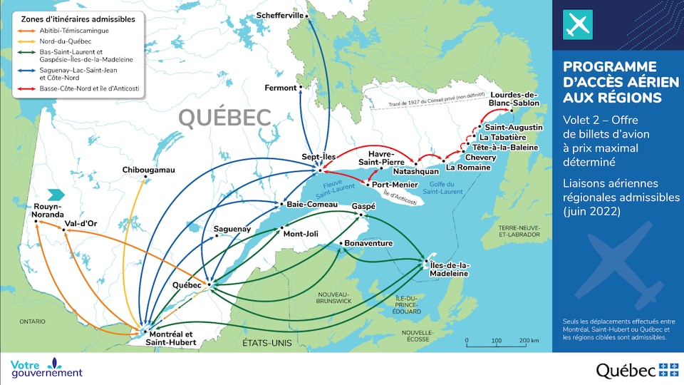 A map of Québec showing the eligible routes.