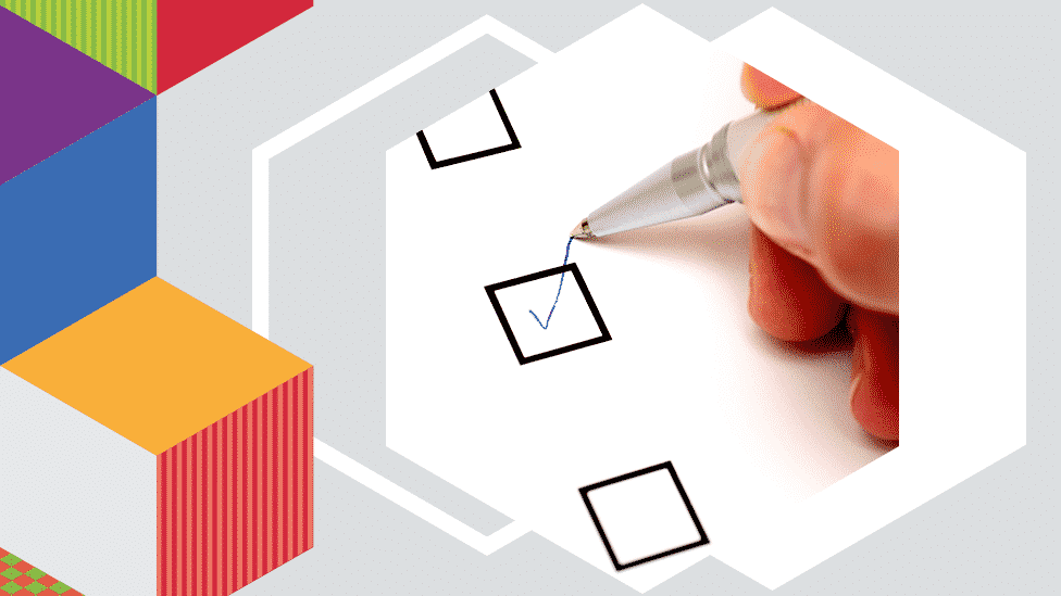 Stylised graphic of a hand holding a pen putting a ticket in a box on a ballot paper