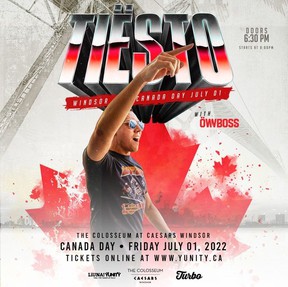 Handout art for DJ Tiesto who will perform at Caesars Windsor on Canada Day, July 1, 2022.