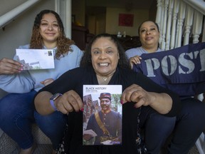 Clockwise from left, Talise Jackson, her mother, Christine Jackson, and her grandmother, Dolores Jackson, descendants of Albert Jackson, Canada's first black mail carrier, are pictured on Sunday, May 15, 2022. Jackson had a post office renamed in his honor in Toronto.