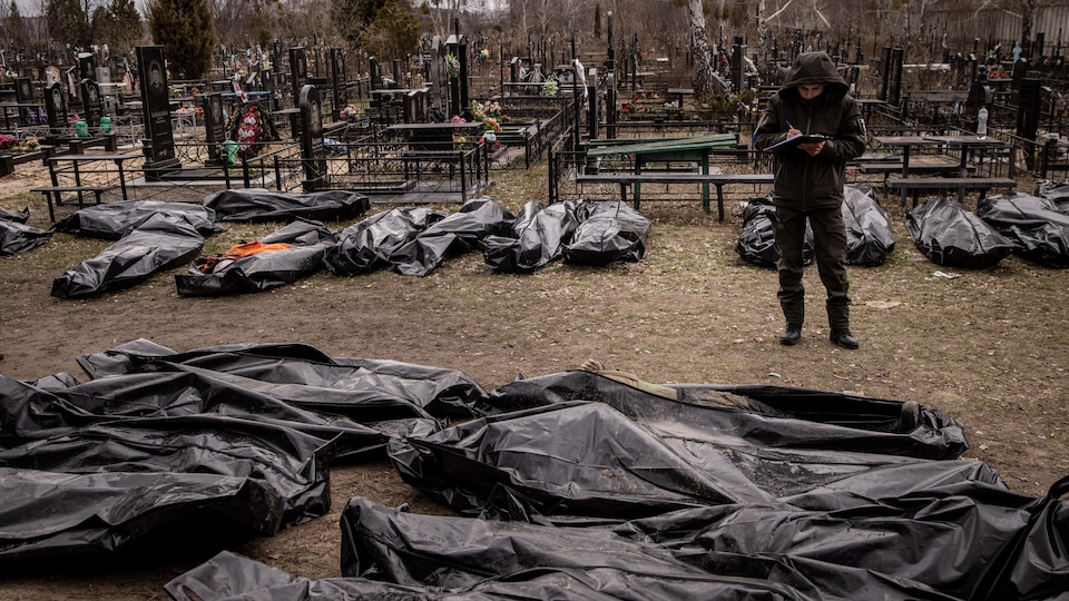 A man takes notes near several body bags containing corpses in a cemetery.