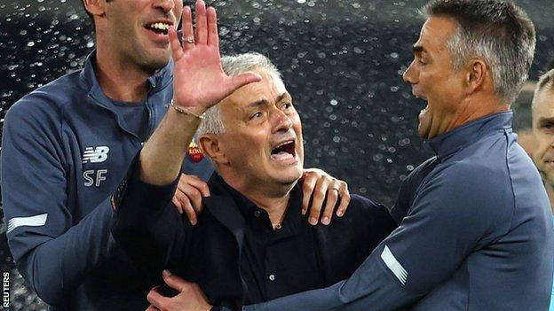 Roma boss Jose Mourinho celebrates winning the Europa Conference League final