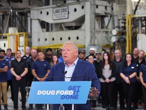 Ontario PC leader Doug Ford speaks at Laval Tool in Windsor on Monday, May 30, 2022, where he made a campaign stop and pledged that the Windsor area will have enough energy to attract more industrial plants.