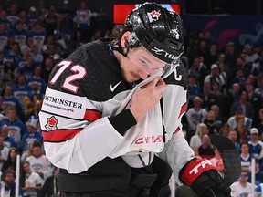 Canada's defender Thomas Chabot of the Ottawa Senators reacts after Finland beat Canada in overtime at the world hockey championship in Tampere, Finland, on Sunday.