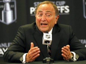 NHL commissioner Gary Bettman speaks to media members during his tour of NHL playoff sites on May 3, 2022 in Calgary.