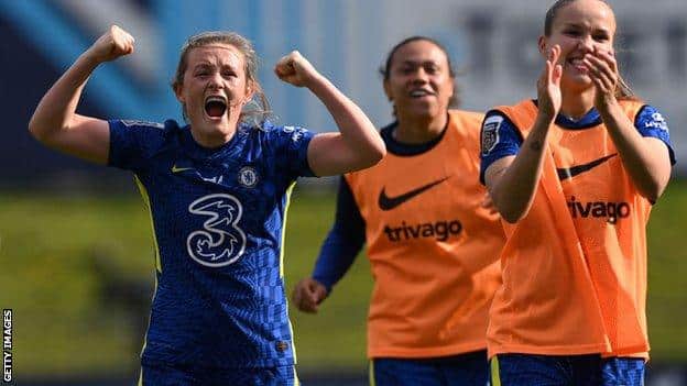 Erin Cuthbert celebrates after the win over Spurs