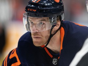 Edmonton Oilers' Connor McDavid (97) is seen during a faceoff against the LA Kings during the first period of NHL playoff action at Rogers Place in Edmonton, on Monday, May 2, 2022.