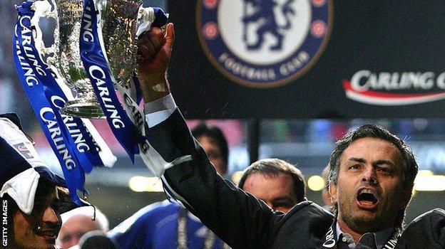 Chelsea manager Jose Mourinho celebrates winning the League Cup in 2007