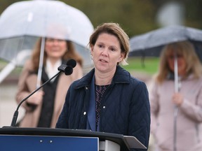 Nancy Brockenshire, executive director of The Hospice of Windsor and Essex County, speaks at a press conference on Friday, May 6, 2022, regarding youth summer employment opportunities.  The Hospice benefits from the program allowing the hiring of students.