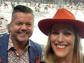 Rob Kinsey and his wife Lana show their support for the Oilers at Game 3 of the team's playoff series against the LA Kings.