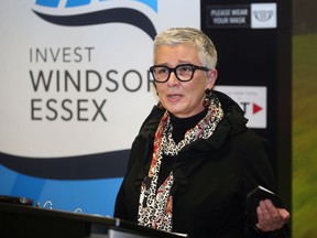 Leamington Mayor Hilda MacDonald speaks at a press conference on Monday, February 28, 2022 at the Invest Windsor Essex Automobility and Innovation Center in Windsor.  MacDonald has announced she is running for a second term.