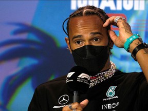 Lewis Hamilton of Mercedes during the press conference.