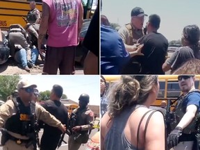 Capturas de pantalla de imágenes en vivo publicadas en Twitter muestran la angustia de los padres que se enfrentan a los agentes de la ley el martes afuera de la Escuela Primaria Robb cerrada en Uvalde, Texas.