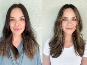 Keira Roets is a 32-year-old director of people operations and is moving to the East Coast for a career opportunity.  On the left is Keira before her makeover de ella by Nadia Albano, on the right is her de ella after her.