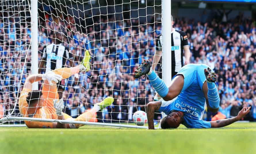 Raheem Sterling turns around after scoring Manchester City's first goal against Newcastle