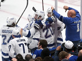 Tampa Bay Lightning forward Nick Paul (20) celebrates with teammates after scoring a goal against the Toronto Maple Leafs in game seven of the first round of the 2022 Stanley Cup Playoffs at Scotiabank Arena.
