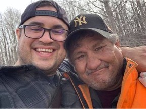 Jacob Sansom, 39, and his uncle Maurice (Morris) Cardinal, 57, smile in a photo taken the day before they were found with gunshot wounds on Saturday, March 28, 2020, around 4 am on a rural road near Glendon, northeast of Edmonton.