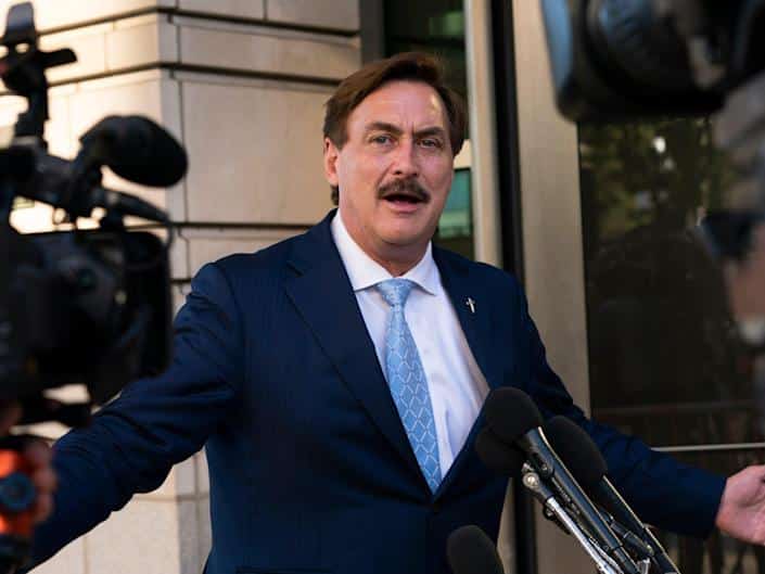 MyPillow CEO Mike Lindell speaks to reporters outside a federal courthouse in Washington, Thursday, June 24, 2021.