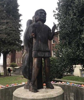 This carving memorializing Indigenous children sent to residential schools on the grounds of the former Sisters of St. Paul convent on Sixth Street in North Vancouver was vandalized on or before Jan. 24, 2022. (North Vancouver RCMP)